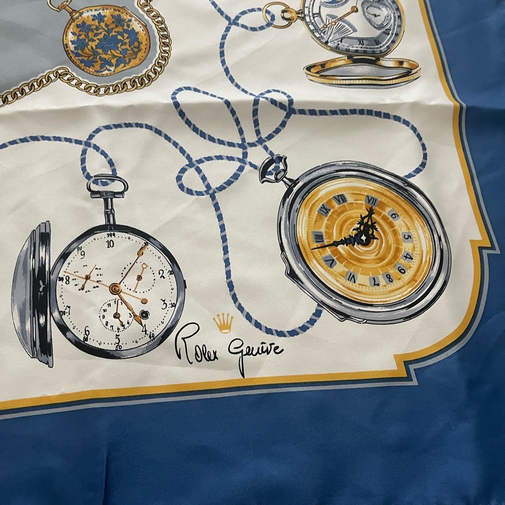 Vintage Rolex Geneva Silk Scarf 100% Silk Blue White EUC Signed 35” by 35” - Picture 2 of 4